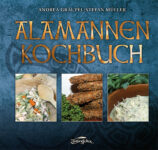 Cover vom Alamannen-Kochbuch, blauer Hintergrund mit goldener Schrift und 3 Bildern von Rezepten